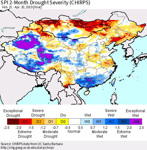 China and Taiwan SPI 2-Month Drought Severity (CHIRPS) Thematic Map For 2/21/2019 - 4/20/2019