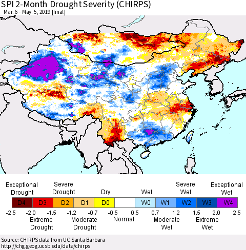 China, Mongolia and Taiwan SPI 2-Month Drought Severity (CHIRPS) Thematic Map For 3/6/2019 - 5/5/2019