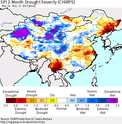 China, Mongolia and Taiwan SPI 2-Month Drought Severity (CHIRPS) Thematic Map For 3/16/2019 - 5/15/2019