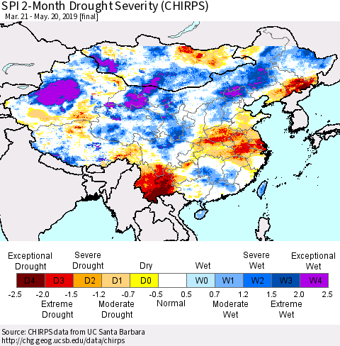 China, Mongolia and Taiwan SPI 2-Month Drought Severity (CHIRPS) Thematic Map For 3/21/2019 - 5/20/2019