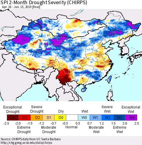 China, Mongolia and Taiwan SPI 2-Month Drought Severity (CHIRPS) Thematic Map For 4/16/2019 - 6/15/2019