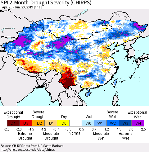 China, Mongolia and Taiwan SPI 2-Month Drought Severity (CHIRPS) Thematic Map For 4/21/2019 - 6/20/2019