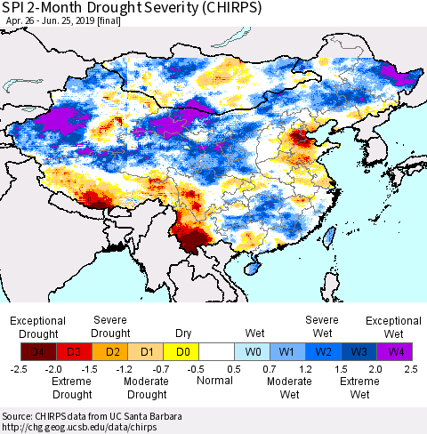China, Mongolia and Taiwan SPI 2-Month Drought Severity (CHIRPS) Thematic Map For 4/26/2019 - 6/25/2019