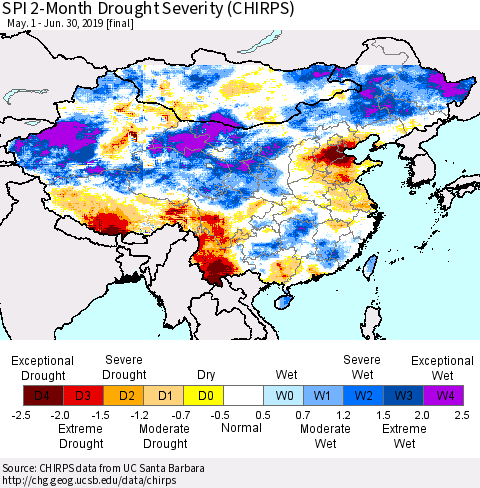 China and Taiwan SPI 2-Month Drought Severity (CHIRPS) Thematic Map For 5/1/2019 - 6/30/2019