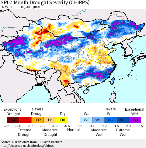 China and Taiwan SPI 2-Month Drought Severity (CHIRPS) Thematic Map For 5/11/2019 - 7/10/2019