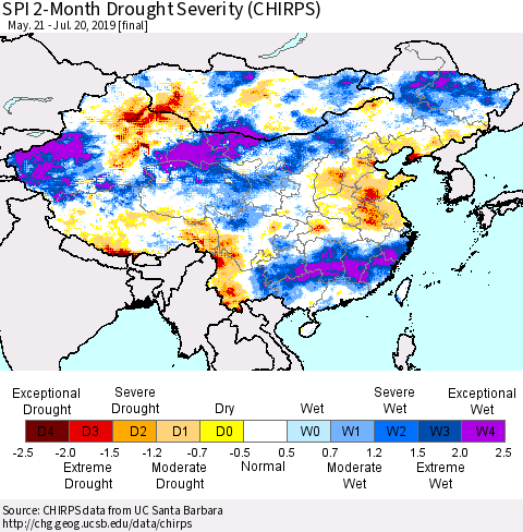China and Taiwan SPI 2-Month Drought Severity (CHIRPS) Thematic Map For 5/21/2019 - 7/20/2019