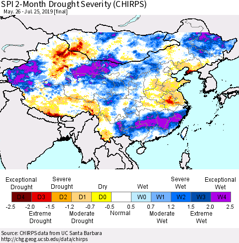 China, Mongolia and Taiwan SPI 2-Month Drought Severity (CHIRPS) Thematic Map For 5/26/2019 - 7/25/2019