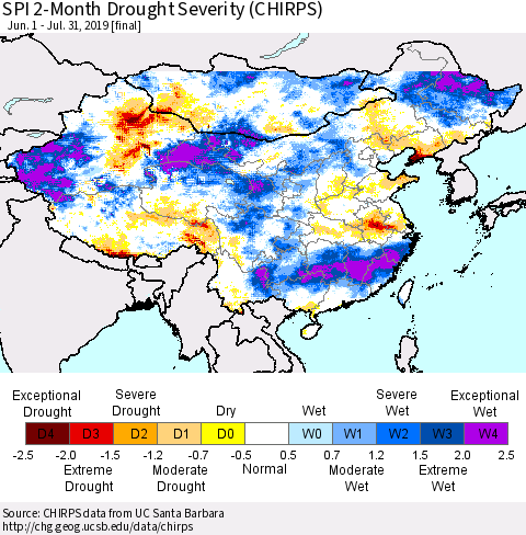China and Taiwan SPI 2-Month Drought Severity (CHIRPS) Thematic Map For 6/1/2019 - 7/31/2019