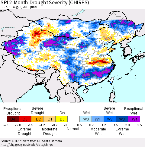 China and Taiwan SPI 2-Month Drought Severity (CHIRPS) Thematic Map For 6/6/2019 - 8/5/2019