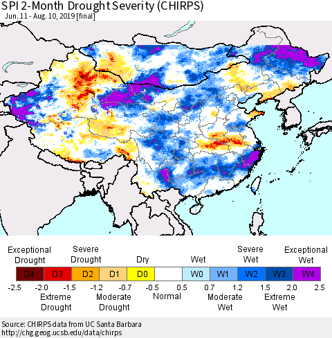 China and Taiwan SPI 2-Month Drought Severity (CHIRPS) Thematic Map For 6/11/2019 - 8/10/2019