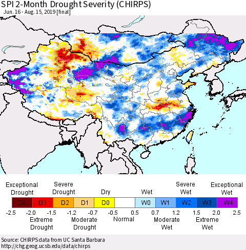 China and Taiwan SPI 2-Month Drought Severity (CHIRPS) Thematic Map For 6/16/2019 - 8/15/2019