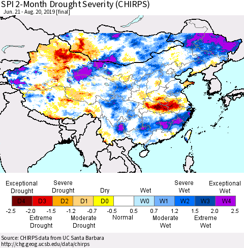 China and Taiwan SPI 2-Month Drought Severity (CHIRPS) Thematic Map For 6/21/2019 - 8/20/2019