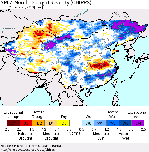 China and Taiwan SPI 2-Month Drought Severity (CHIRPS) Thematic Map For 6/26/2019 - 8/25/2019