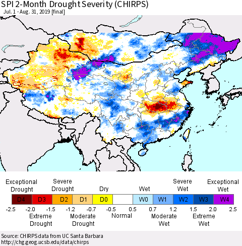 China and Taiwan SPI 2-Month Drought Severity (CHIRPS) Thematic Map For 7/1/2019 - 8/31/2019