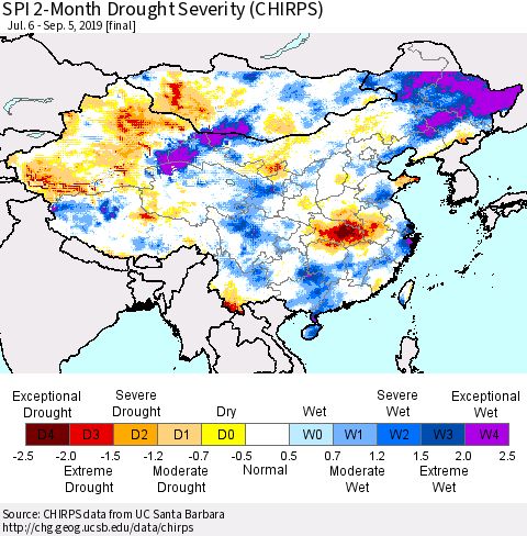 China and Taiwan SPI 2-Month Drought Severity (CHIRPS) Thematic Map For 7/6/2019 - 9/5/2019