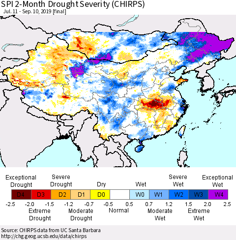 China and Taiwan SPI 2-Month Drought Severity (CHIRPS) Thematic Map For 7/11/2019 - 9/10/2019