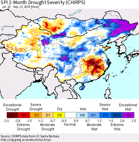 China, Mongolia and Taiwan SPI 2-Month Drought Severity (CHIRPS) Thematic Map For 7/16/2019 - 9/15/2019