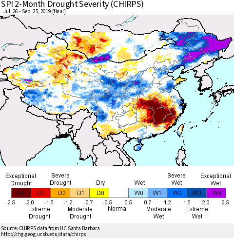 China and Taiwan SPI 2-Month Drought Severity (CHIRPS) Thematic Map For 7/26/2019 - 9/25/2019