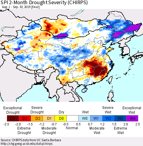 China and Taiwan SPI 2-Month Drought Severity (CHIRPS) Thematic Map For 8/1/2019 - 9/30/2019