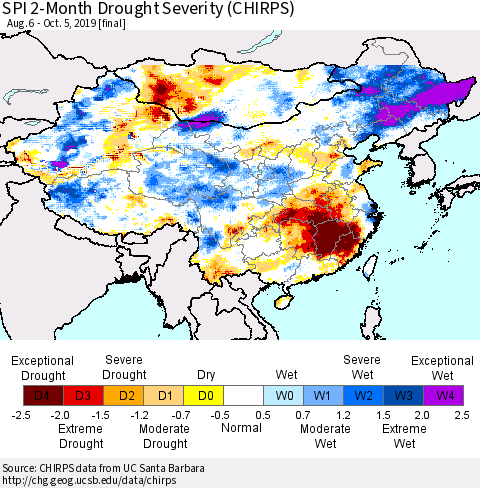 China and Taiwan SPI 2-Month Drought Severity (CHIRPS) Thematic Map For 8/6/2019 - 10/5/2019