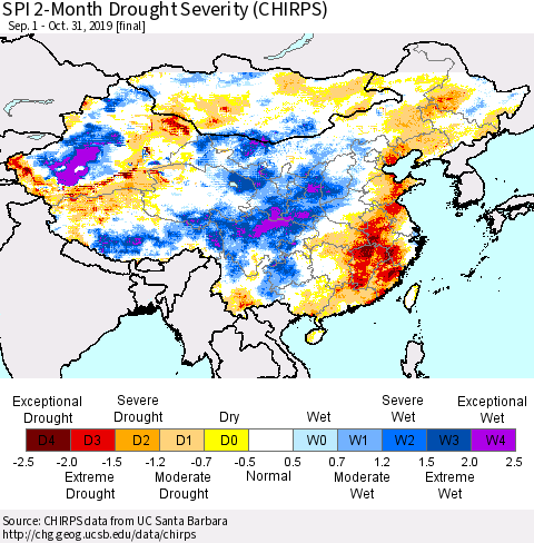 China and Taiwan SPI 2-Month Drought Severity (CHIRPS) Thematic Map For 9/1/2019 - 10/31/2019