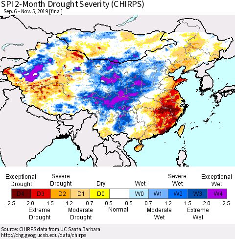 China and Taiwan SPI 2-Month Drought Severity (CHIRPS) Thematic Map For 9/6/2019 - 11/5/2019