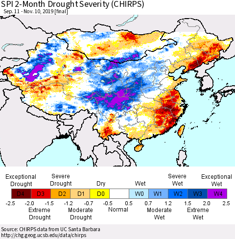 China and Taiwan SPI 2-Month Drought Severity (CHIRPS) Thematic Map For 9/11/2019 - 11/10/2019