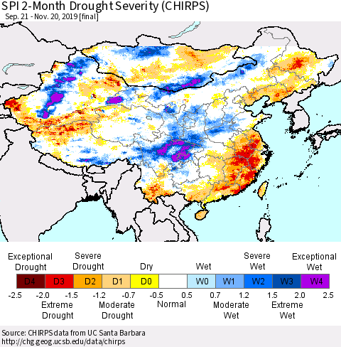 China, Mongolia and Taiwan SPI 2-Month Drought Severity (CHIRPS) Thematic Map For 9/21/2019 - 11/20/2019