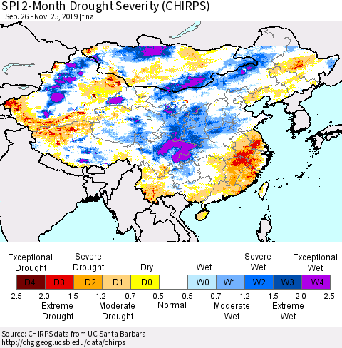 China and Taiwan SPI 2-Month Drought Severity (CHIRPS) Thematic Map For 9/26/2019 - 11/25/2019