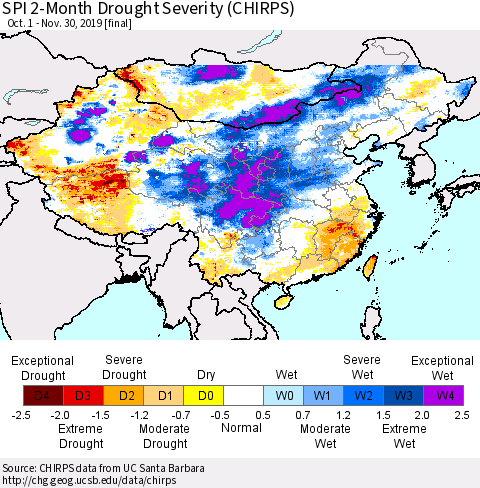 China and Taiwan SPI 2-Month Drought Severity (CHIRPS) Thematic Map For 10/1/2019 - 11/30/2019
