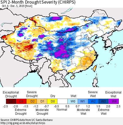 China and Taiwan SPI 2-Month Drought Severity (CHIRPS) Thematic Map For 10/6/2019 - 12/5/2019
