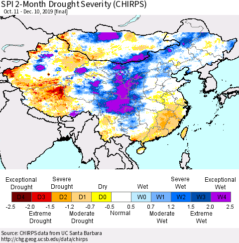 China and Taiwan SPI 2-Month Drought Severity (CHIRPS) Thematic Map For 10/11/2019 - 12/10/2019