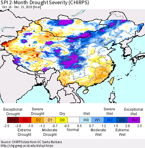 China and Taiwan SPI 2-Month Drought Severity (CHIRPS) Thematic Map For 10/16/2019 - 12/15/2019