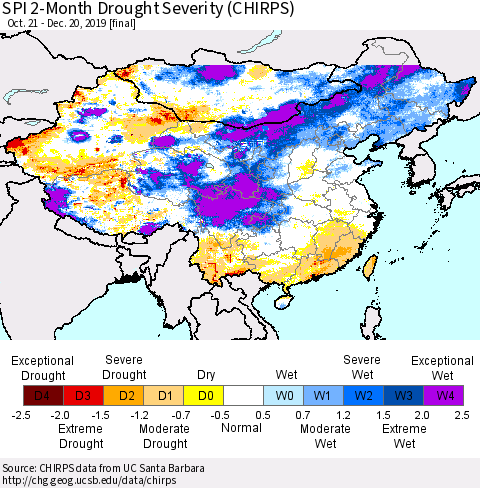 China and Taiwan SPI 2-Month Drought Severity (CHIRPS) Thematic Map For 10/21/2019 - 12/20/2019