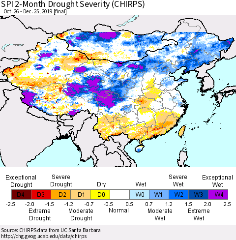 China, Mongolia and Taiwan SPI 2-Month Drought Severity (CHIRPS) Thematic Map For 10/26/2019 - 12/25/2019