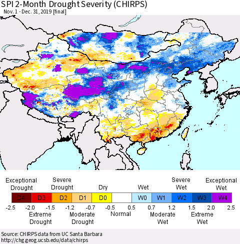 China and Taiwan SPI 2-Month Drought Severity (CHIRPS) Thematic Map For 11/1/2019 - 12/31/2019
