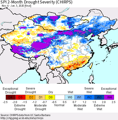 China and Taiwan SPI 2-Month Drought Severity (CHIRPS) Thematic Map For 11/6/2019 - 1/5/2020