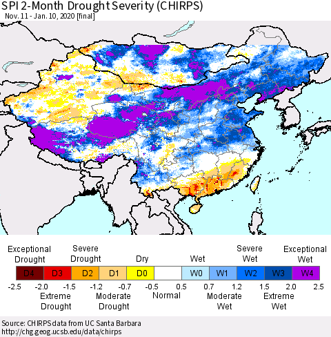 China and Taiwan SPI 2-Month Drought Severity (CHIRPS) Thematic Map For 11/11/2019 - 1/10/2020