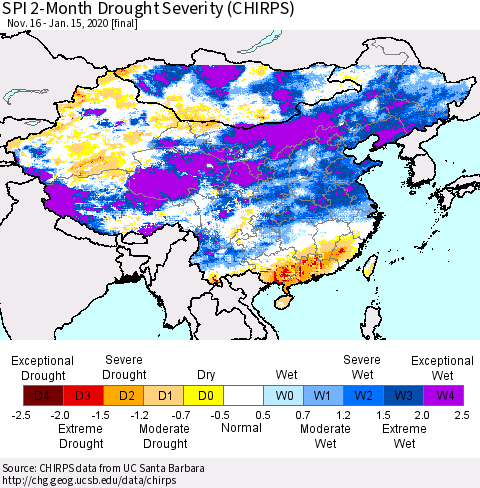China and Taiwan SPI 2-Month Drought Severity (CHIRPS) Thematic Map For 11/16/2019 - 1/15/2020