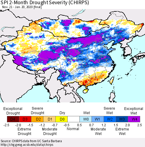 China, Mongolia and Taiwan SPI 2-Month Drought Severity (CHIRPS) Thematic Map For 11/21/2019 - 1/20/2020