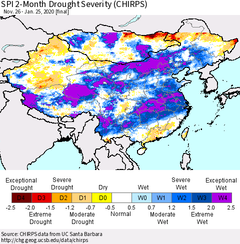 China and Taiwan SPI 2-Month Drought Severity (CHIRPS) Thematic Map For 11/26/2019 - 1/25/2020