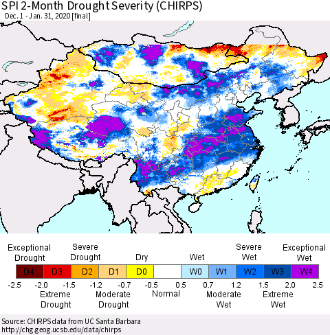 China and Taiwan SPI 2-Month Drought Severity (CHIRPS) Thematic Map For 12/1/2019 - 1/31/2020
