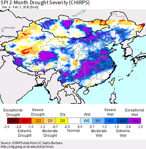 China and Taiwan SPI 2-Month Drought Severity (CHIRPS) Thematic Map For 12/6/2019 - 2/5/2020