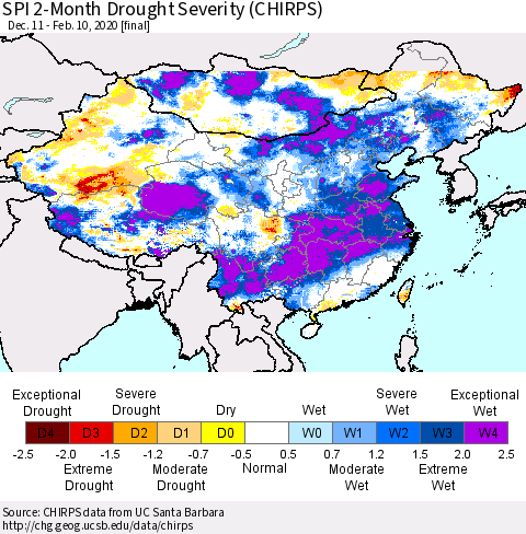 China, Mongolia and Taiwan SPI 2-Month Drought Severity (CHIRPS) Thematic Map For 12/11/2019 - 2/10/2020