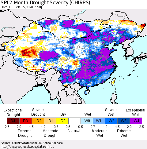China and Taiwan SPI 2-Month Drought Severity (CHIRPS) Thematic Map For 12/16/2019 - 2/15/2020