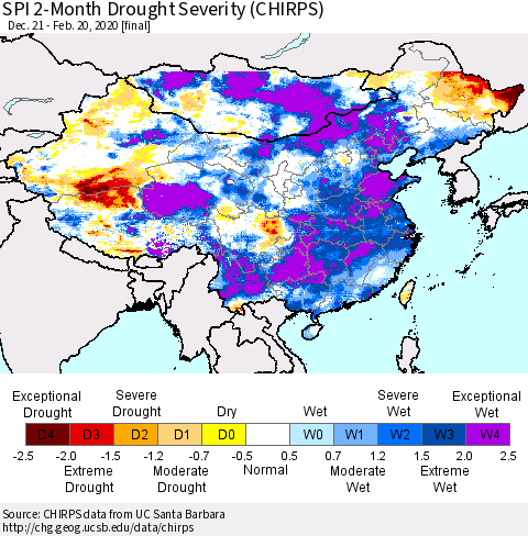 China and Taiwan SPI 2-Month Drought Severity (CHIRPS) Thematic Map For 12/21/2019 - 2/20/2020