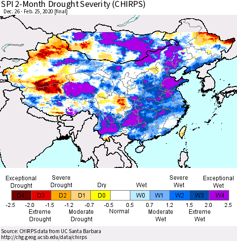 China and Taiwan SPI 2-Month Drought Severity (CHIRPS) Thematic Map For 12/26/2019 - 2/25/2020