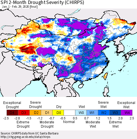 China, Mongolia and Taiwan SPI 2-Month Drought Severity (CHIRPS) Thematic Map For 1/1/2020 - 2/29/2020