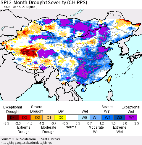 China and Taiwan SPI 2-Month Drought Severity (CHIRPS) Thematic Map For 1/6/2020 - 3/5/2020