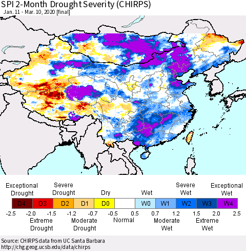 China and Taiwan SPI 2-Month Drought Severity (CHIRPS) Thematic Map For 1/11/2020 - 3/10/2020